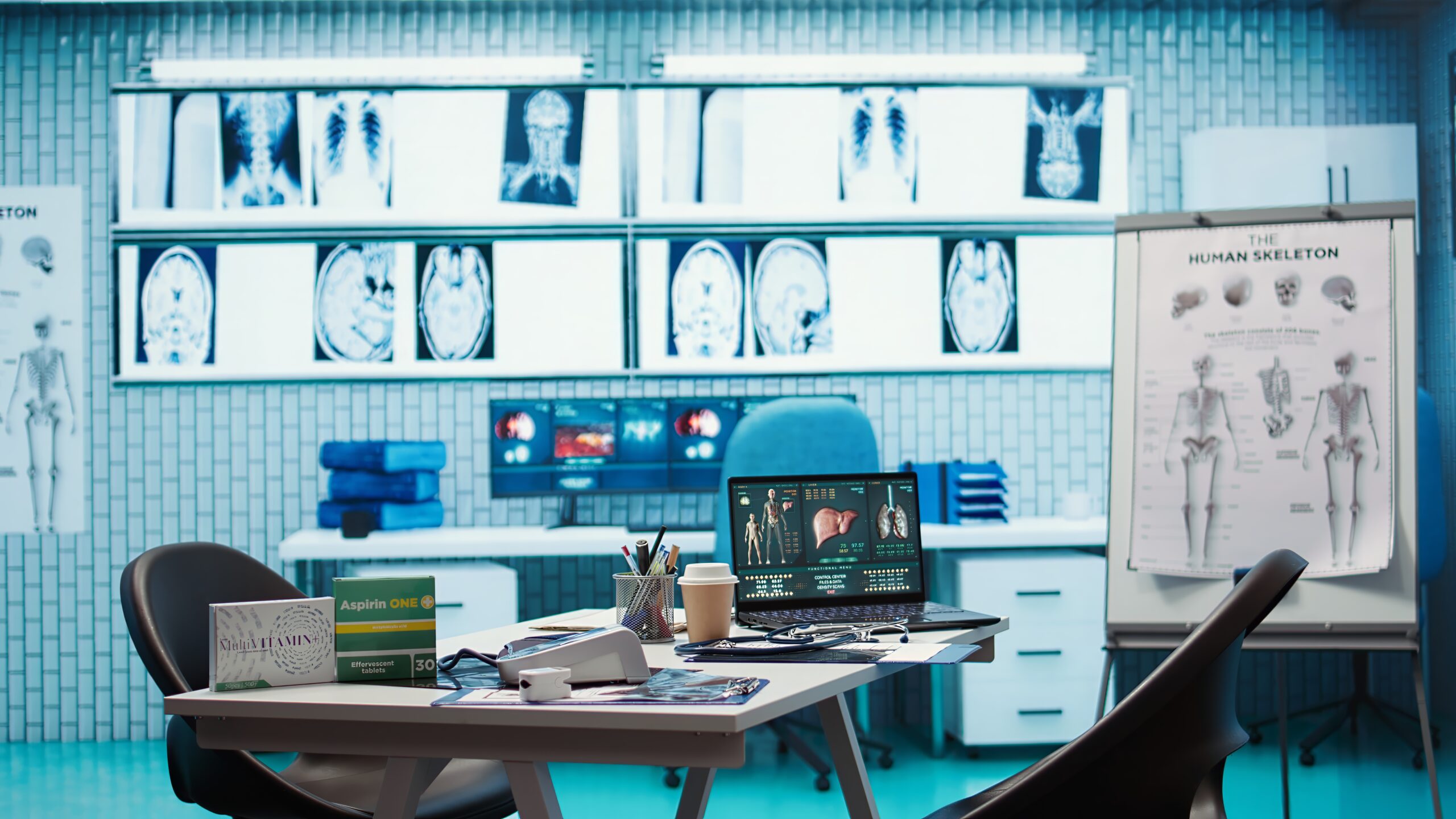Empty doctor office featuring modern medical equipment and drugs