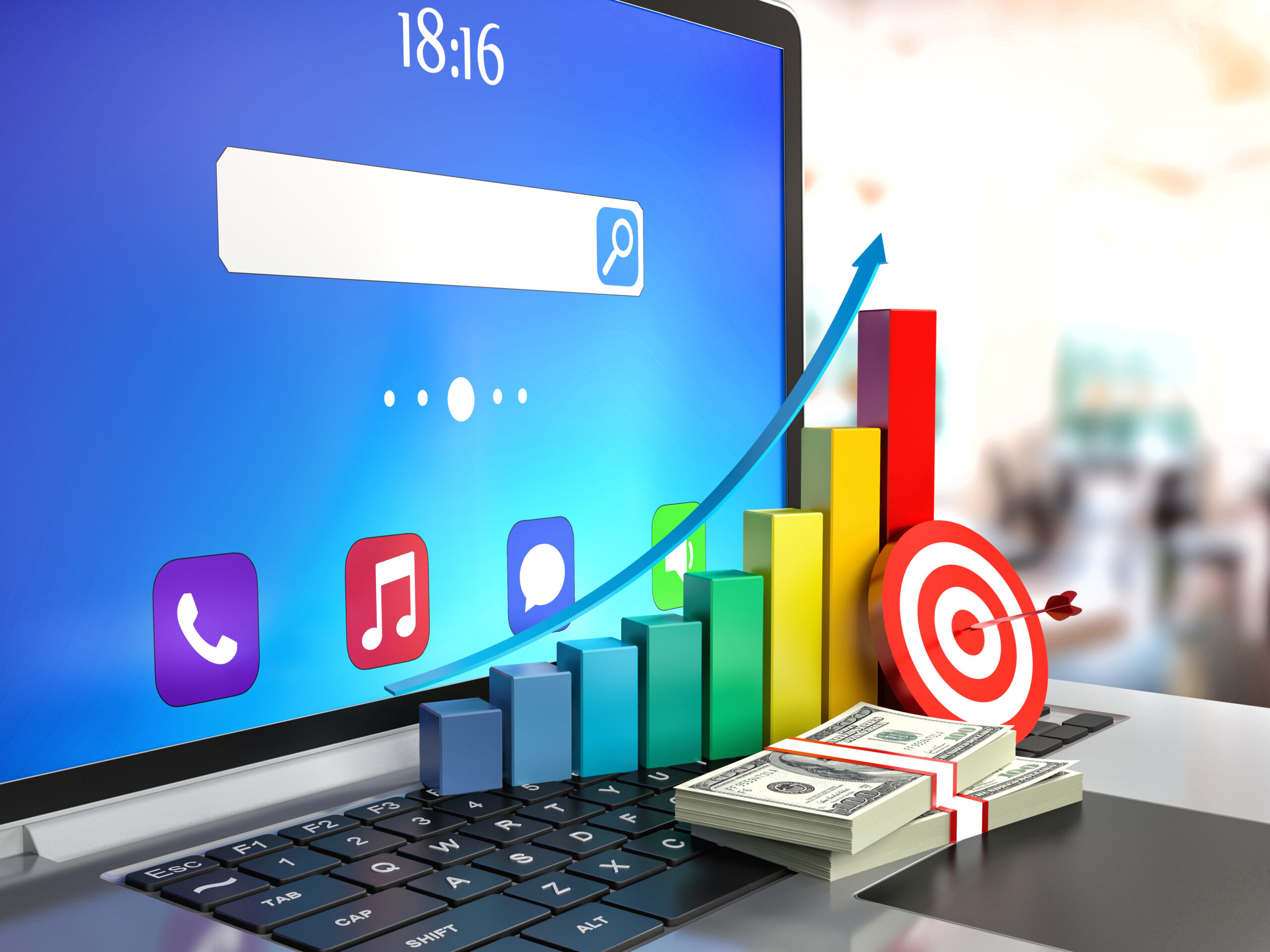 bar chart and dollars on laptop keyboard