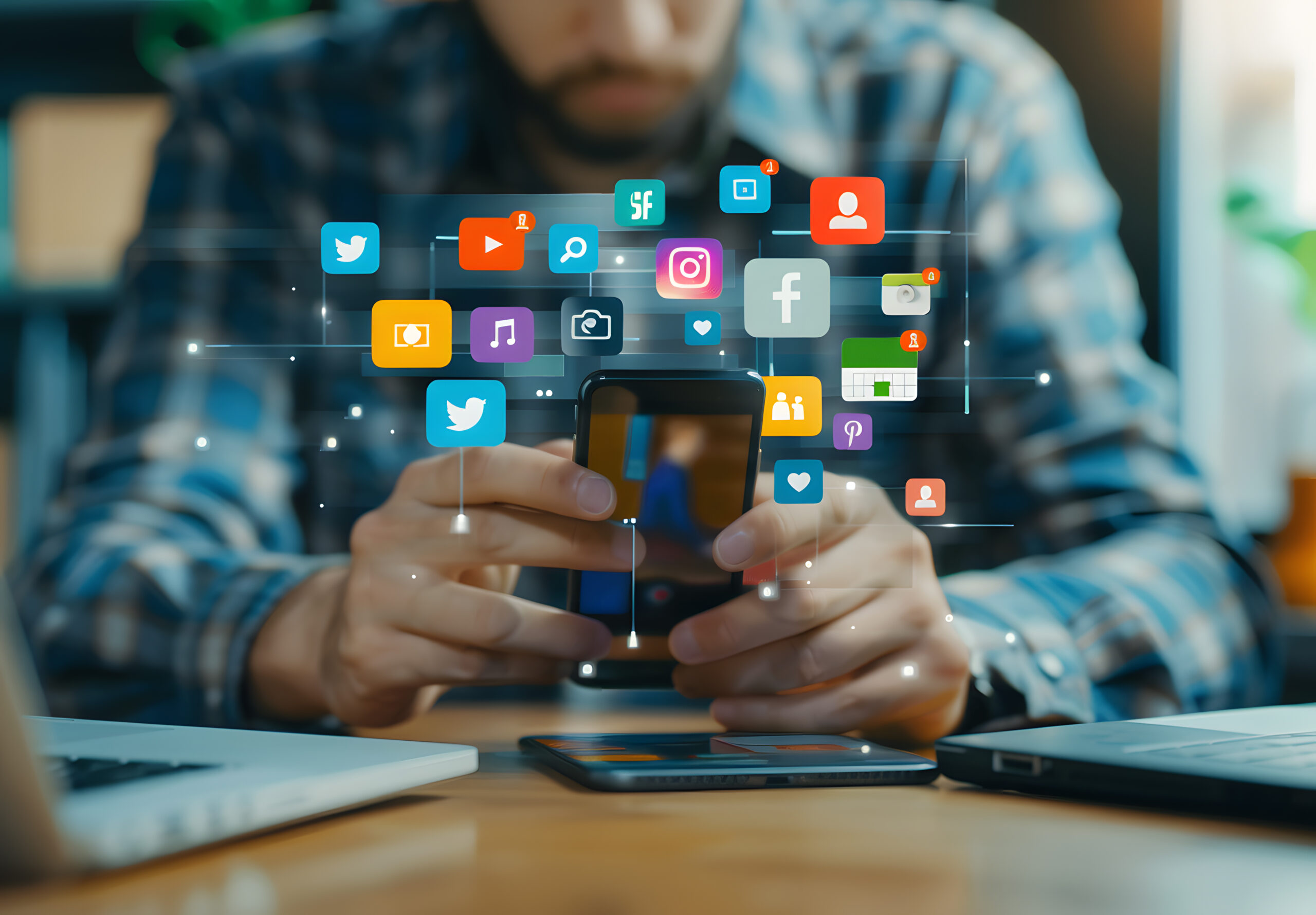 man is playing his phone with icons screen