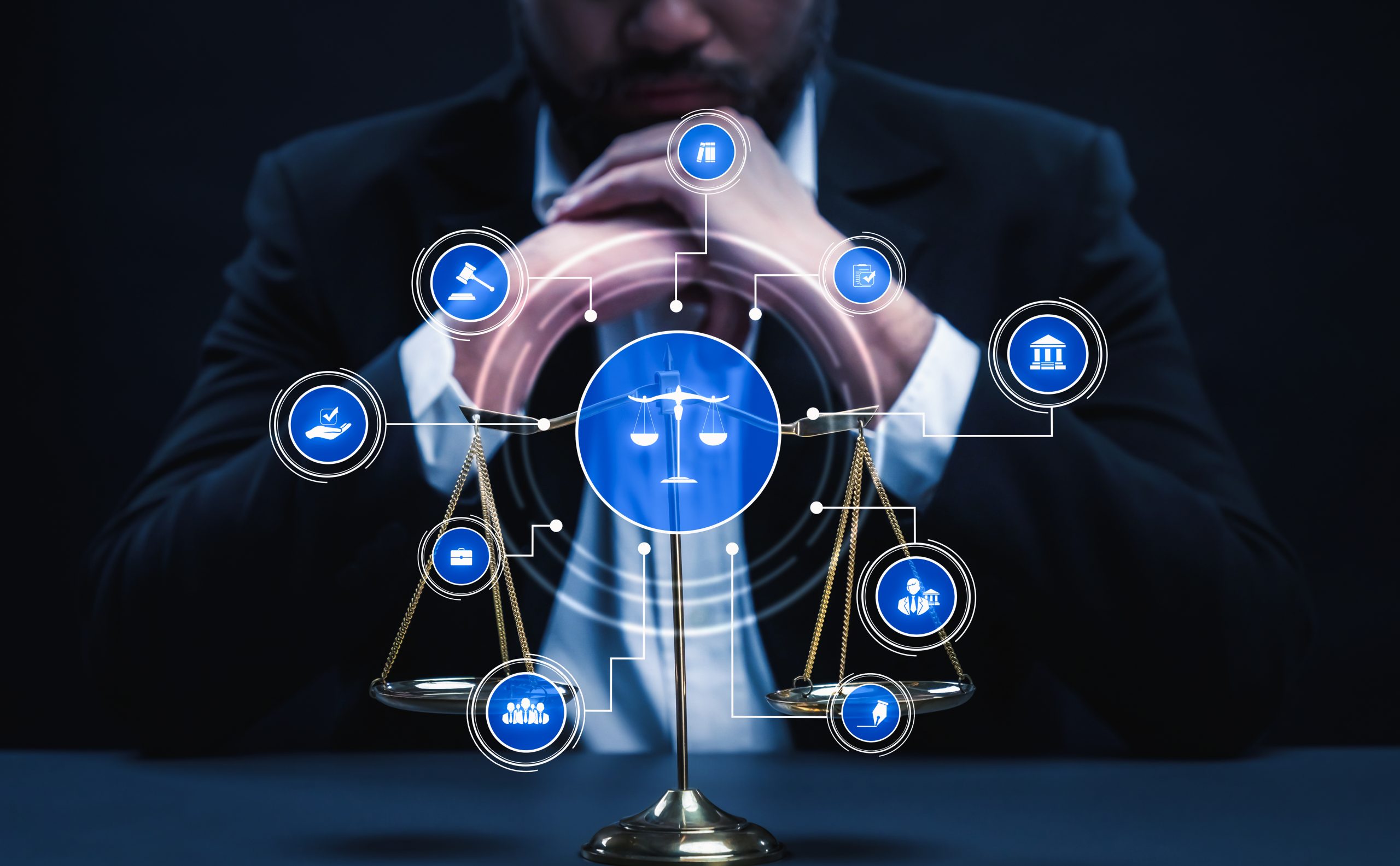 Smart law, legal advice icons and savvy lawyer working tools in lawyers office