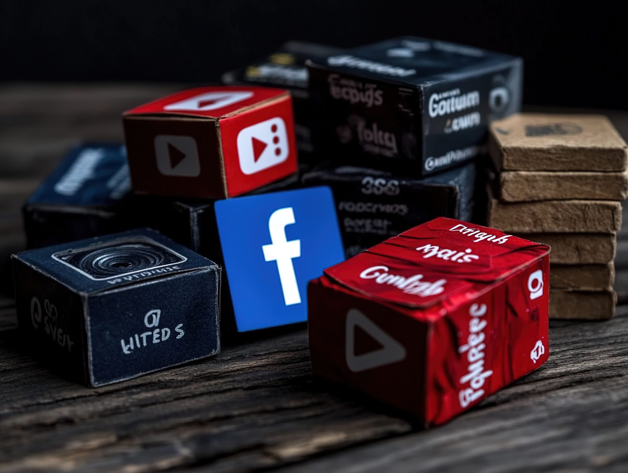 A stack of boxes with a blue Facebook logo on top