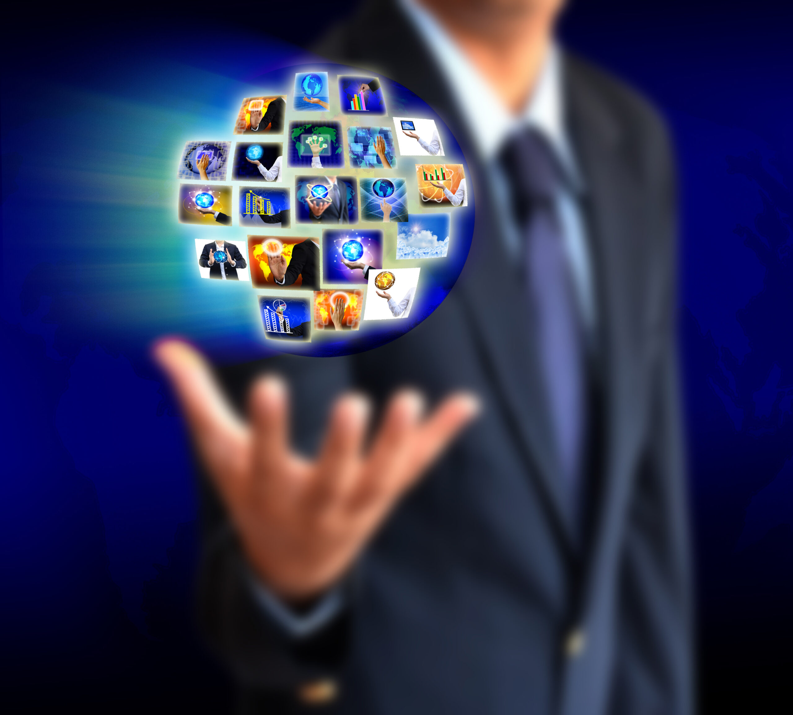 Businessman works with Social Network Display
