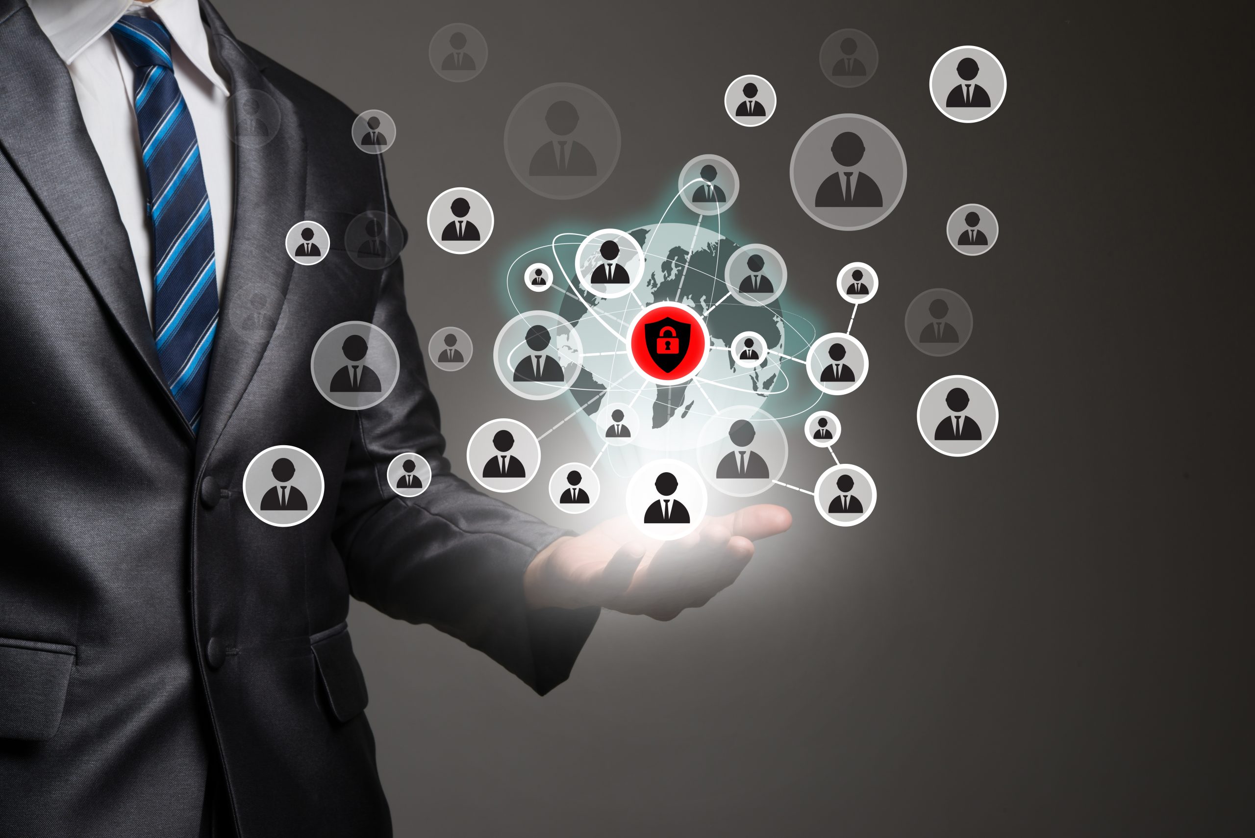 Businessman hand with people icons network connection. Business