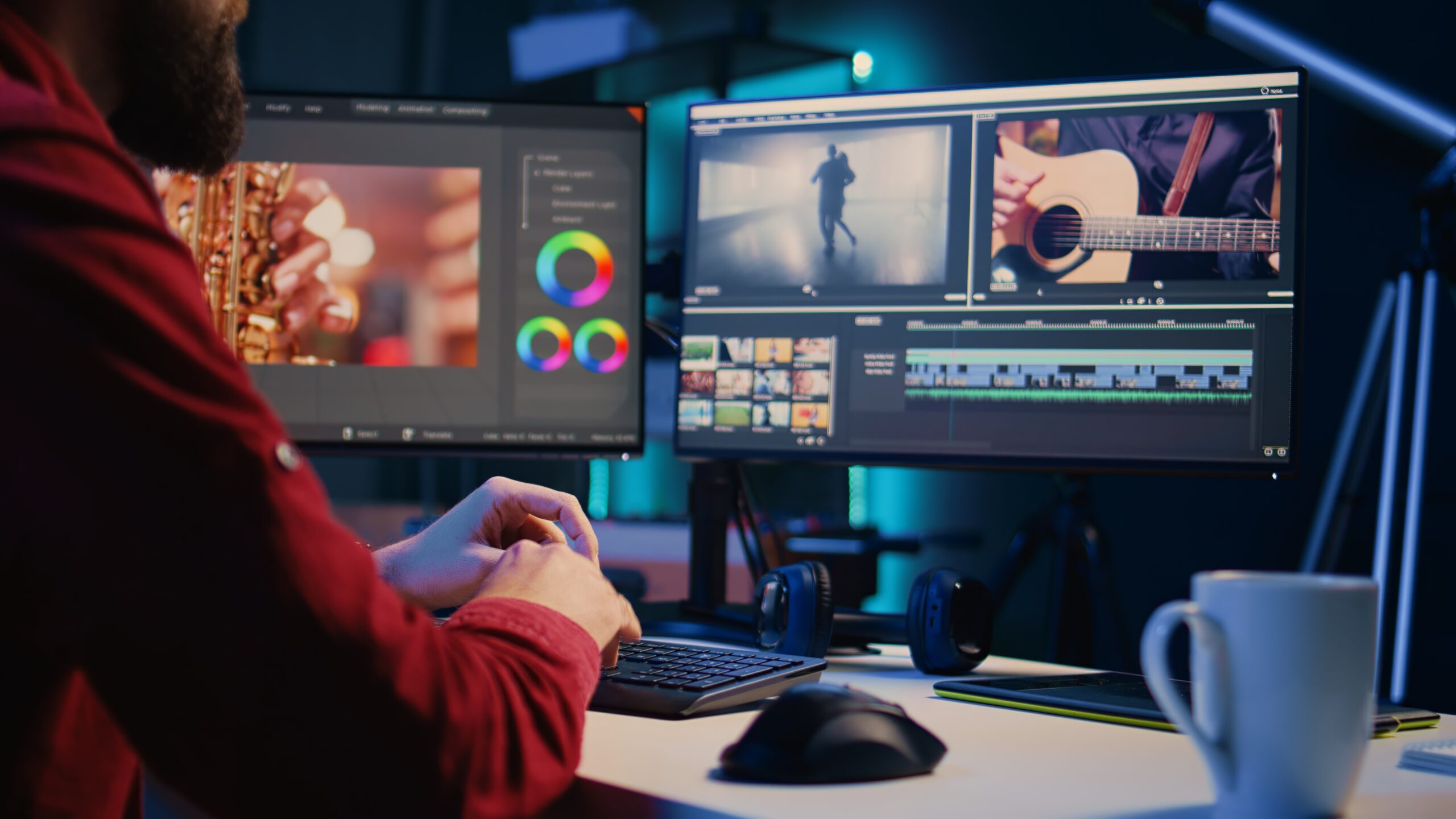 Video editor taking footage shot by production teams and improving it, finishing project in studio