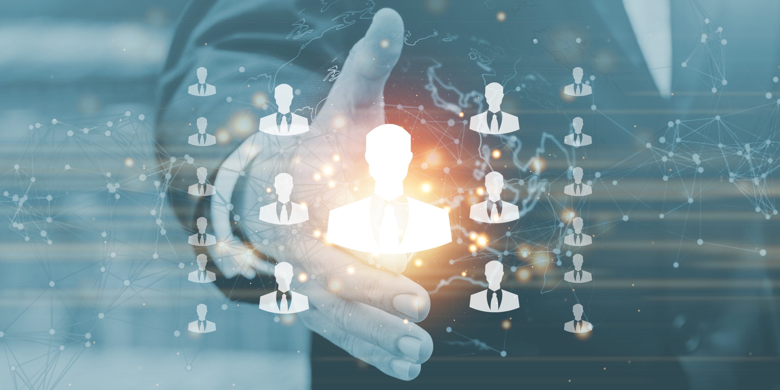 Businessman on blurred background with people connection icon and business leadership chart.